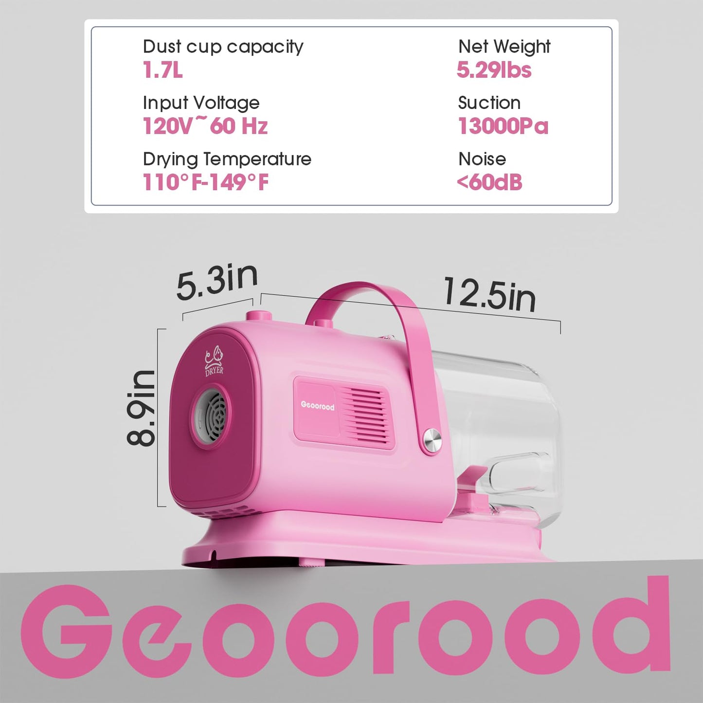 geoorood Dog Grooming Vacuum and Dryer Kit, Blower for Pet Vacuum Grooming 7 in 1 with Clippers for Dogs Hair Shedding Brush Remover Tools at Home Pink