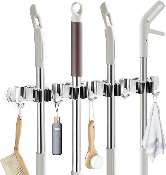 IMILLET Broom Holder Wall Mounted, Stainless Steel Broom Mop Holder Self Adhesive Heavy Duty Hooks Storage Organizer for Home Laundry Room Garden Garage Closet Kitchen 1 Packï¼4 Racks with 5 Hooksï¼