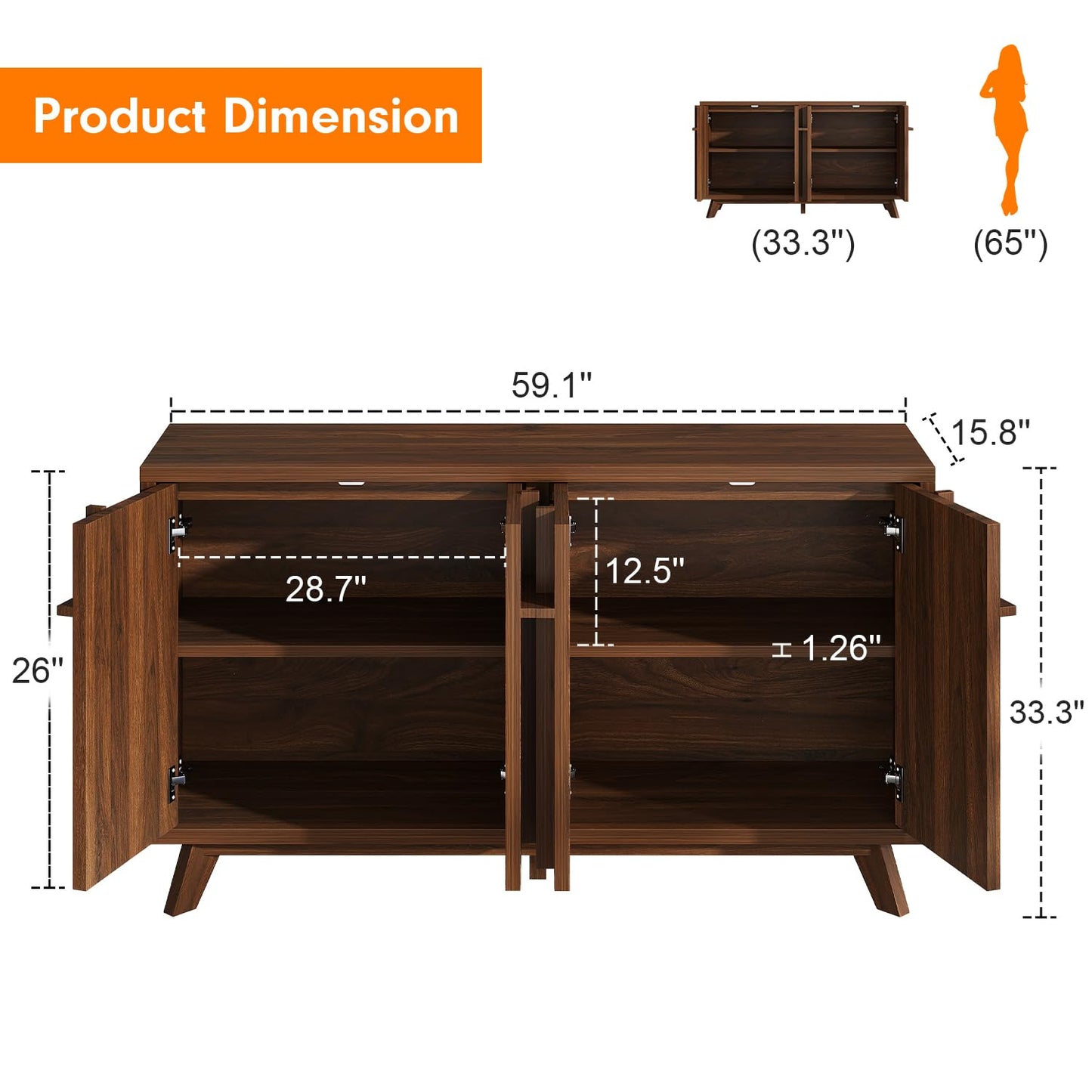 knoworld Sideboard Buffet Cabinet with Storage, 59" Modern Credenza with 4 Doors & Adjustable Shelves, Wood Console Cabinet for Living Room Kitchen Dining Room Hallway (Walnut)