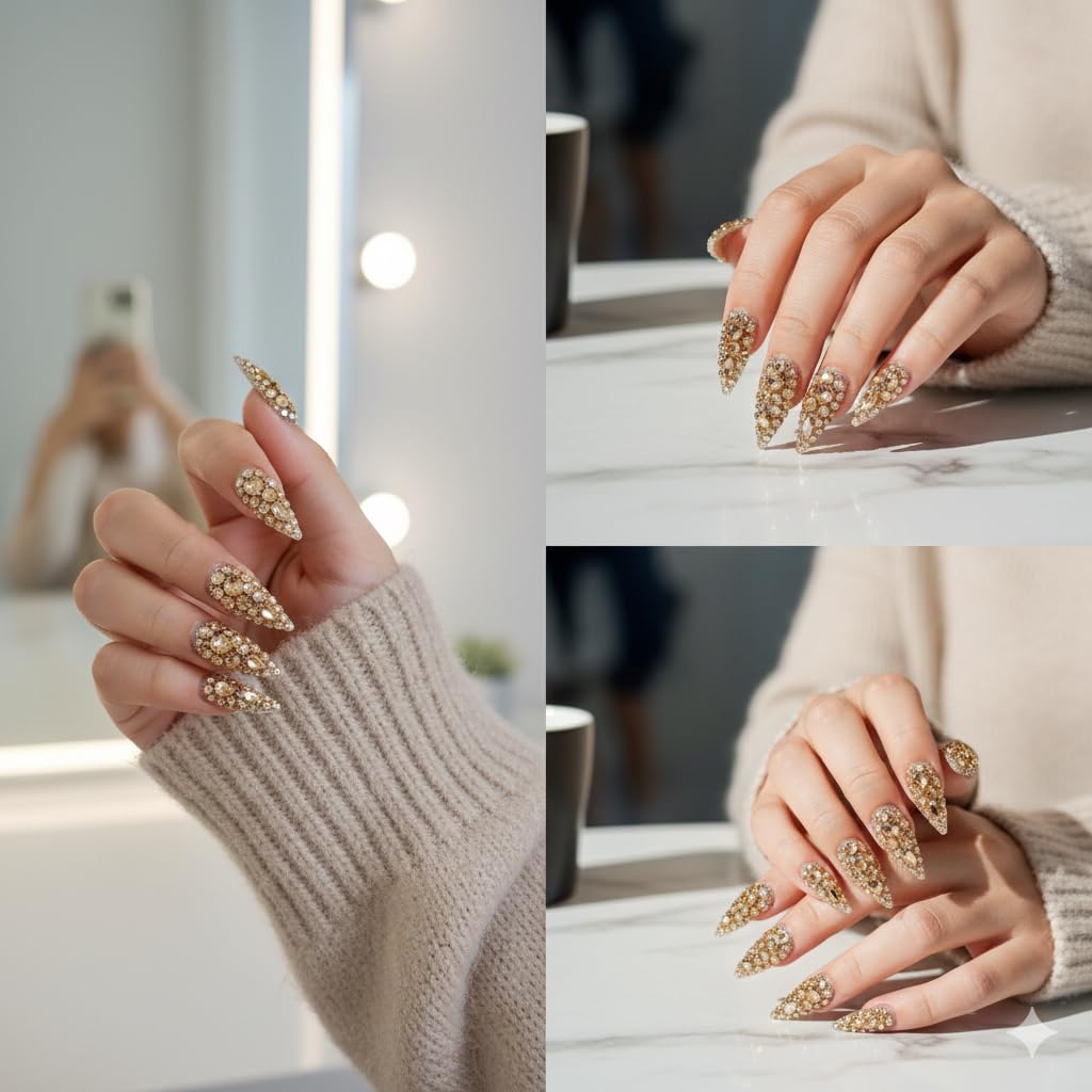 MNAFAYY Luxury Gems 100% Handmade Nails Gold Long Stiletto Press On Nails Full Cover 3D Rhinestone Crystal Gorgeous Reusable UV Finished Fake False Nails Acrylic Nail Kit With Box Gifts for Women S