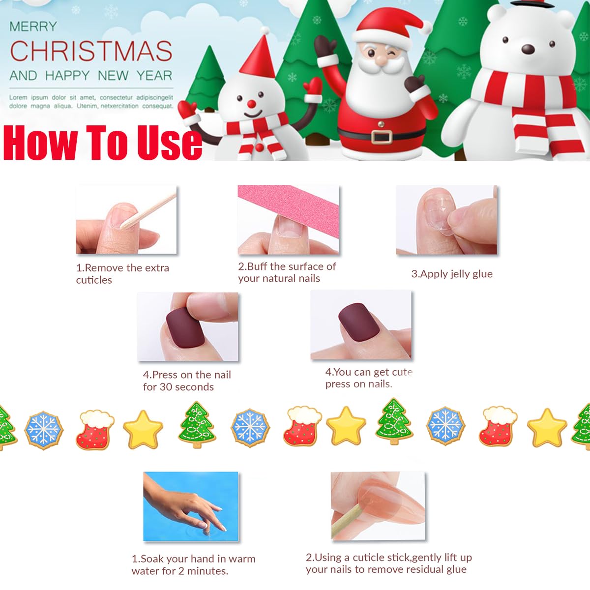 Christmas Press on Nails Long Coffin Fake Nails Red False Nails with Design Snowflake Glue on Nail Red Glitter Stick on Nail Winter Xmas Artificial Nails for Women Girls Holiday Manicure 24 Pcs