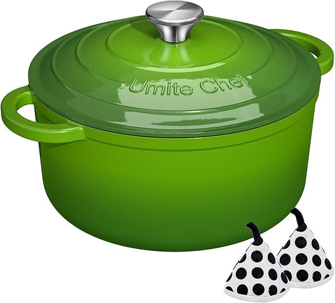 Umite Chef 7QT Enameled Cast Iron Dutch Oven with Lid & Cotton PotholdersâHeavy-Duty Cookware for Bread Baking, Braising, Stews, Marinate, Cook,Refrigerate & Serve(Green)