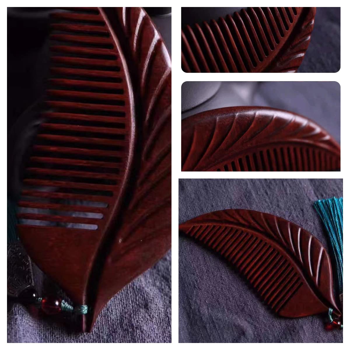 Sitronugras Wooden Comb For Women - Carved Craft Natural Boxwood Hair Comb - No Static Fine Tooth Wood Comb with gift box (leaf)