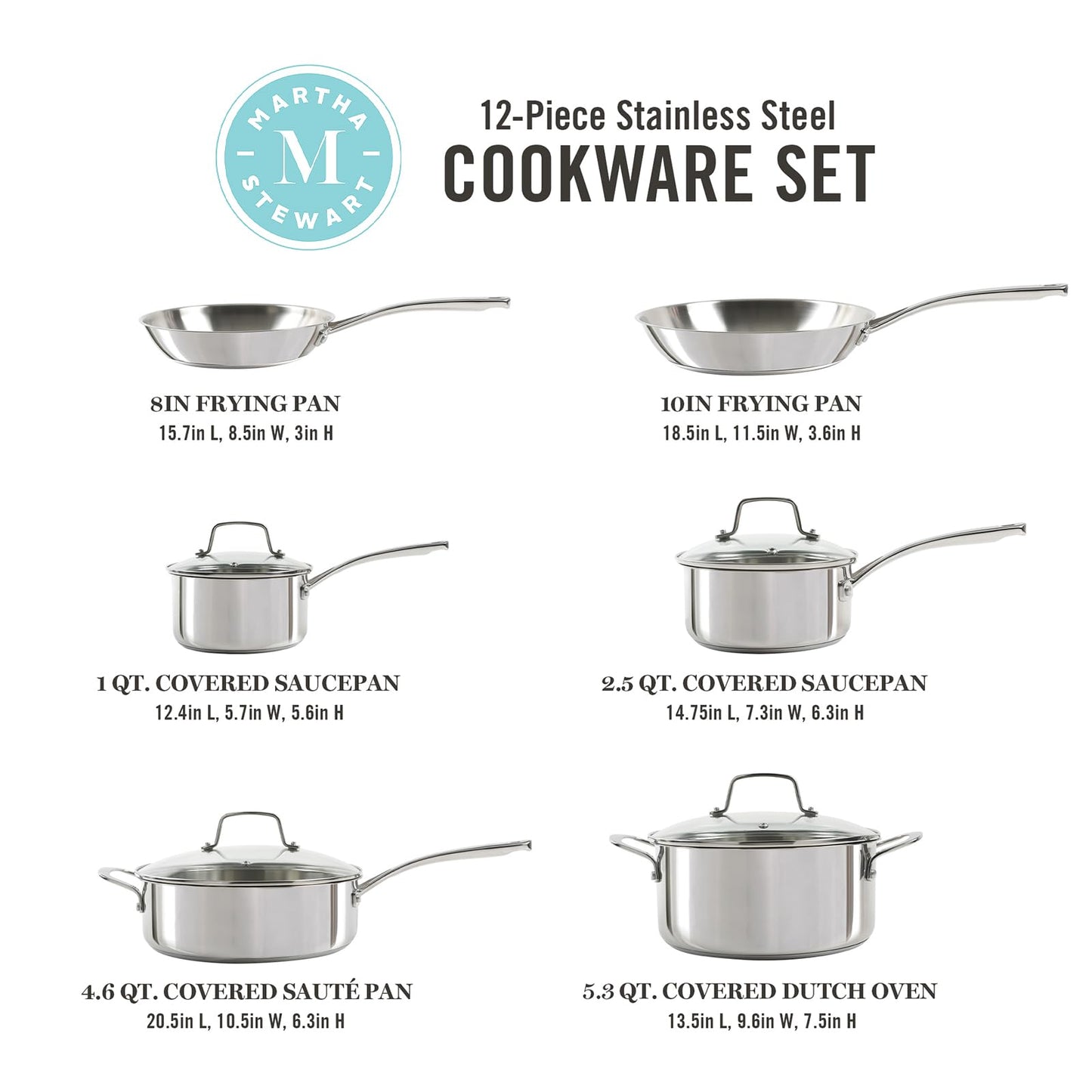 Martha Stewart Castelle 10 Piece 18/8 Durable Stainless Steel Induction Safe Non-Toxic Triply Bottom Kitchen Pots and Pans Cookware Set - Dishwasher Safe