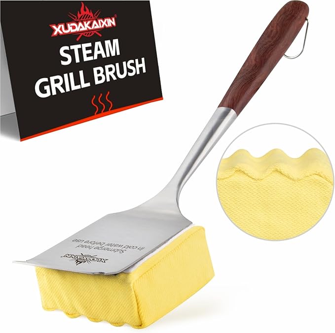 Bristle-Free Steam Cleaning Grill Brush â Features an Extended Luxurious Rosewood Handle and a Unique Wavy pad that Seamlessly fits cast Iron and Stainless Steel grates