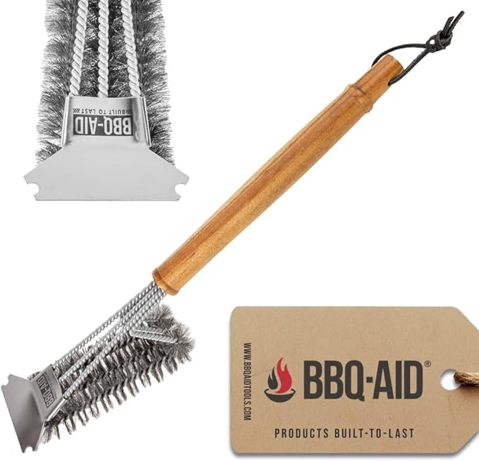 BBQ-AID All Angles BBQ Grill Brush for Outdoor Grill â Cleans All Angles, Large Wooden Handle, and Stainless Steel Bristles - BBQ Brush for Grill Cleaning â Grill Cleaner Brush Safe for BBQ and Grill