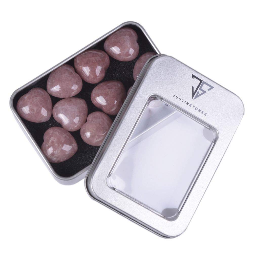 Natural Strawberry Quartz Gemstone Healing Crystal 0.8" Mini Puffy Heart Pocket Stone Iron Gift Box (Pack of 10)