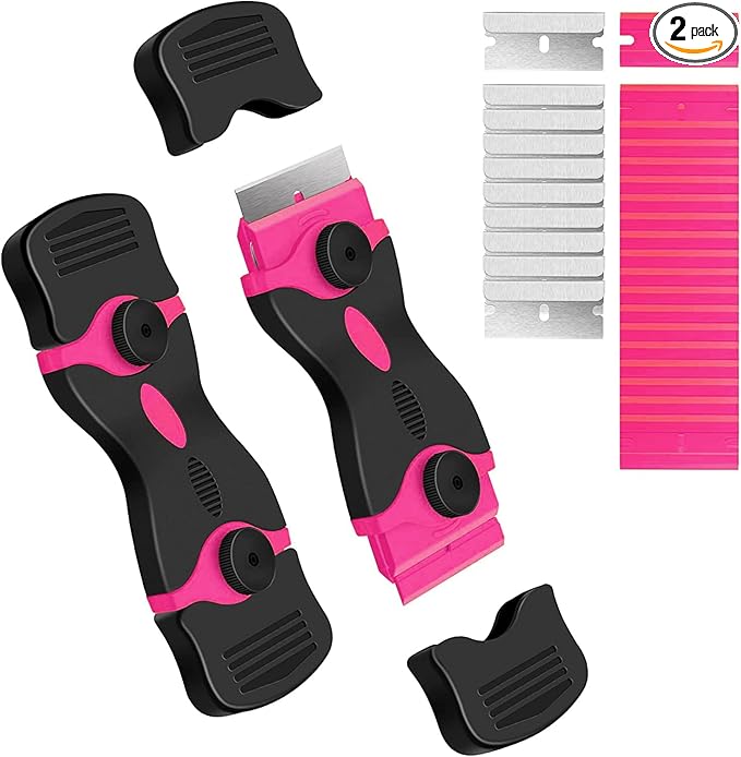 DEKEones Razor Blade Scraper, 2 Pack Double Edged Razor blade Scraper Tool with 30 Pcs Razor Blades, Glass Scraper for Windows, Decals, Tint, Stickers, Labels, Caulk, Adhesiveï¼Pinkï¼