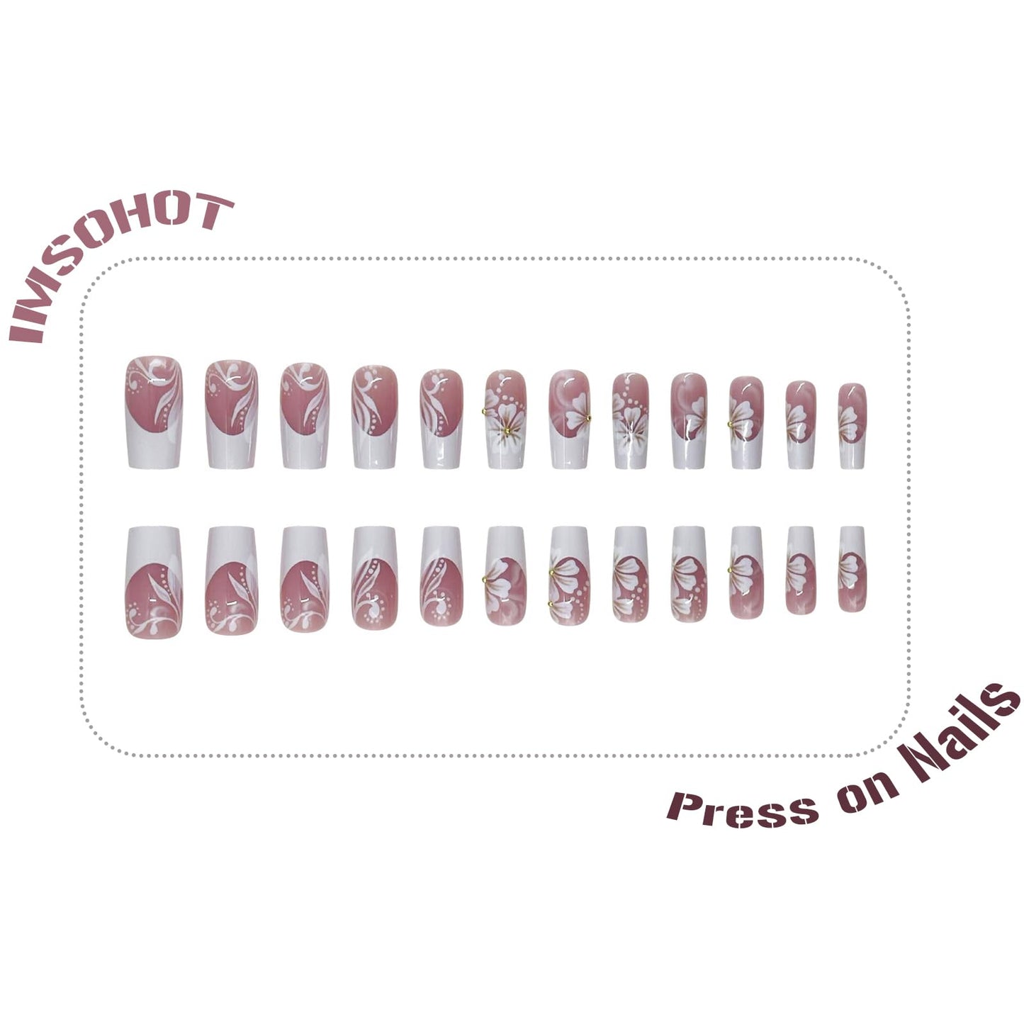 IMSOHOT Press on Nails Long Square Fake Nails White French Tip Glue on Nails with Flower Designs Full Cover Acrylic False Nails for Women Nail Decorations