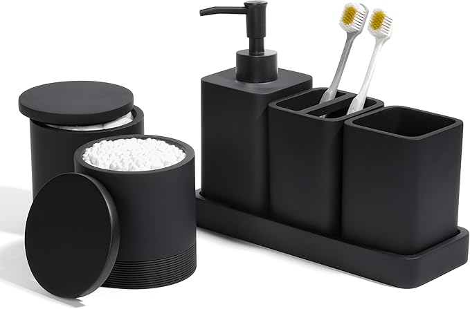 YMXYJM Bathroom Accessories Set, 6 Piece Bathroom Set with Toothbrush Holders, Soap Dispenser, Vanity Tray, Tumbler, Cotton Swab Jars, Bathroom Organizerï¼Bathroom Sink Sets, Matte Black