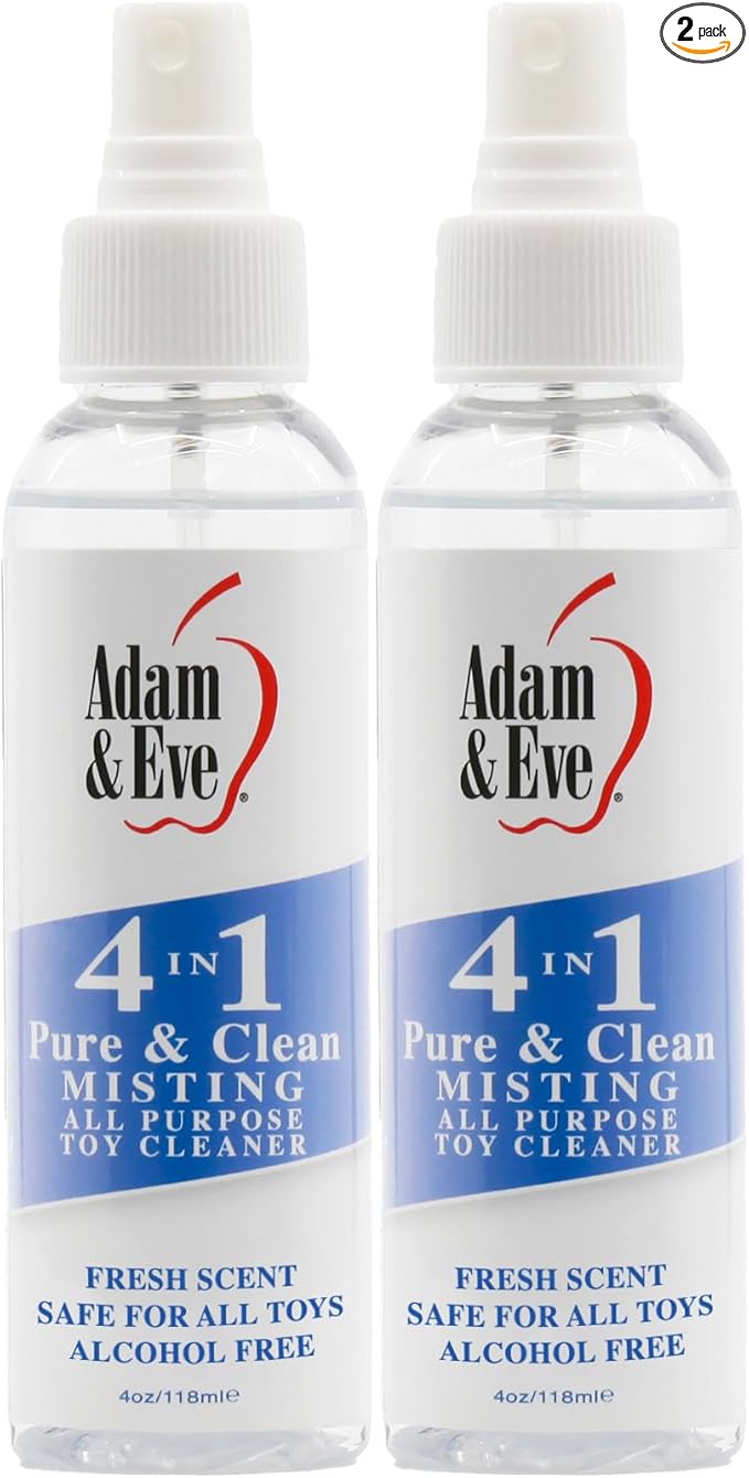 Adam & Eve Sex Toy Cleaner, 4 In 1 Pure And Clean Misting Spray, Fast Acting Misting Spray For Adult Toys, Vibrators, Dildos, Fresh Scent, Water Based Formula Perfect for Gifting, 4 oz (Pack of 2)