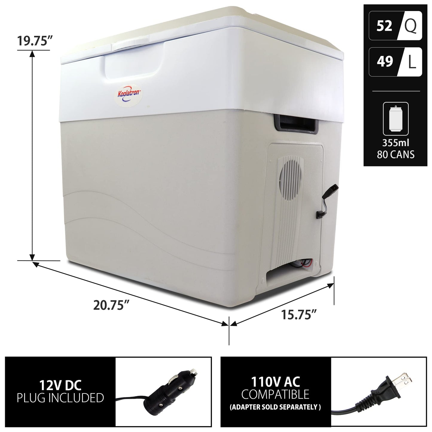 Koolatron Thermoelectric Iceless 12V Cooler Warmer 49 qt (52 L), Electric Portable Car Fridge w/ 12 Volt DC Power Cord, Gray/White, Travel Road Trips Camping Fishing Trucking, Made in North America
