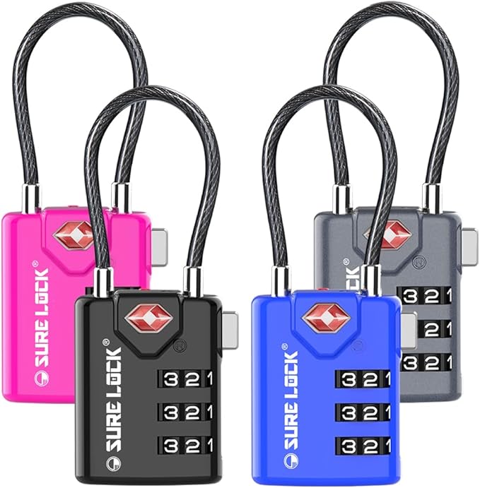 SURE LOCK TSA Approved Combination Luggage Locks with Open Alert Indicator â Durable Zinc Alloy Cable Travel Locks with Large Easy-Read Dials for Suitcases, Backpacks & Gym Bagsï¼ Four Colourï¼