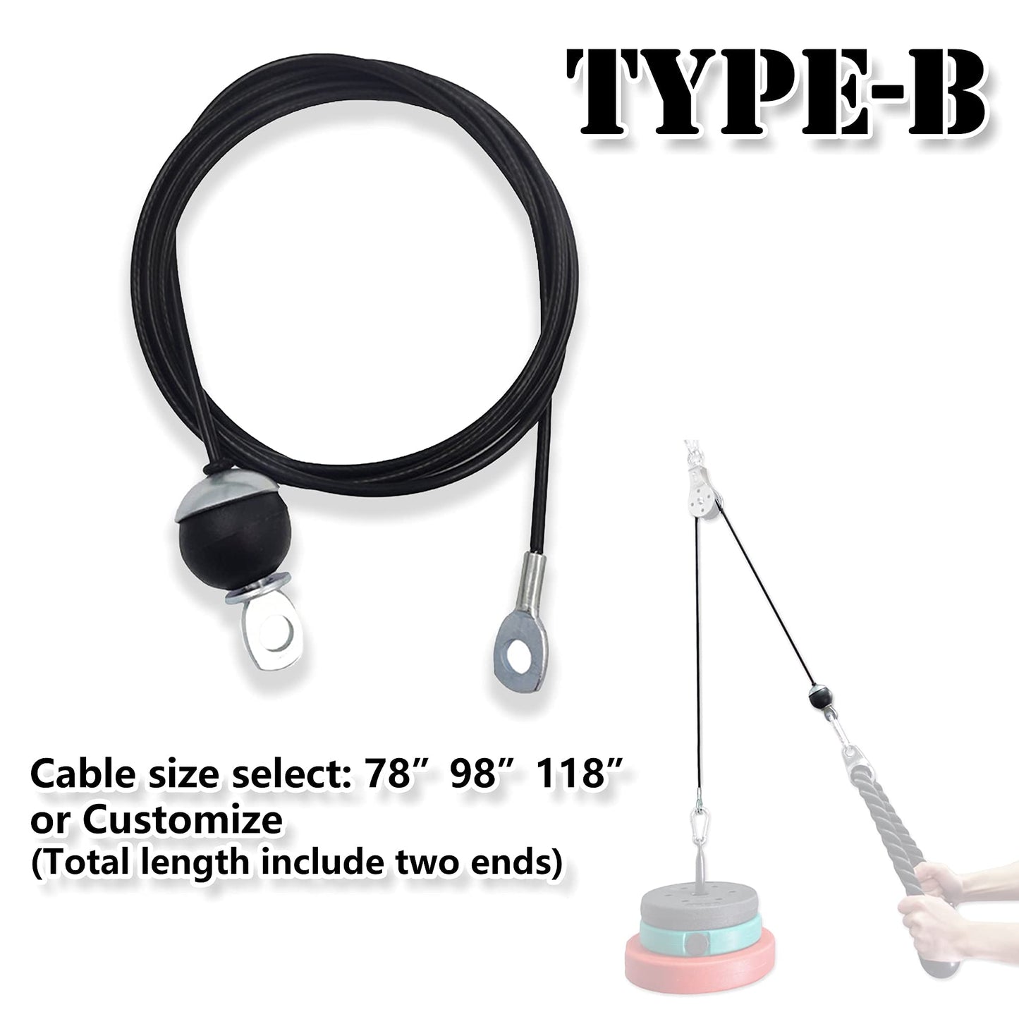 J Bryant Fitness Gym Replacement Cable Fitness Pulley Cable Thick 0.2inch/5mm Heavy Duty Steel Wire Rope for Home Gym Cable Pulley Attachments Machine Accessories (Type-B, 98")"