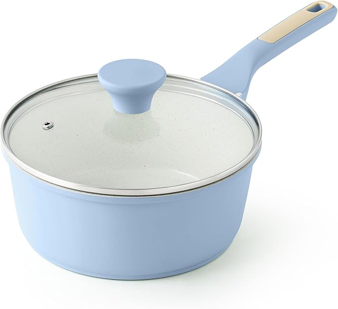 SENSARTE Ceramic Nonstick Saucepan with Lid 1.5 Quarts, Small Kitchen Cooking Pot with Stay Cool Handle, Induction Compatible, Ceramic Coating, Free of Intentionally Added PTFE/PFOA/PFAS, Blue