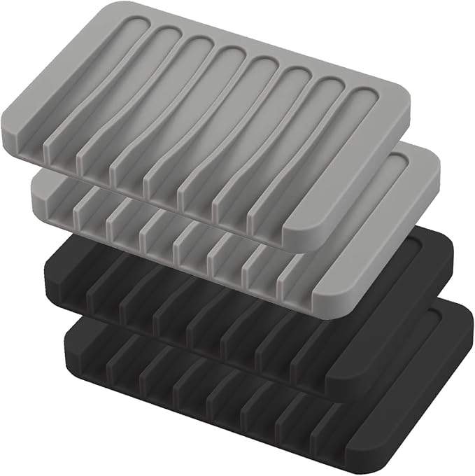 Self Draining Soap Dishes, 4 Pcs Silicone Waterfall Drainer Soap Holder for Bathroom, Extend Soap Life Keep Dry Clean & Easy Cleaning (Black & Grey)