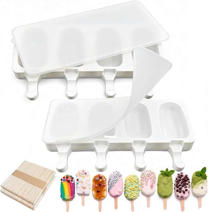 2 Pack Silicone Popsicle Moldsï¼Oval 4 Cavities Homemade Ice Pop Molds with 100 Wooden Sticks for Ice Cream, Cakesicles, Cake Pop