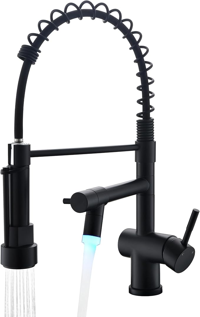 VFAUOSIT Matte Black Kitchen Faucet with LED Light â Commercial Spring Pull Down Dual Outlet, 360° Swivel Lower Spout + High Pressure Sprayer, Stainless Steel for RV Camper Laundry Sink