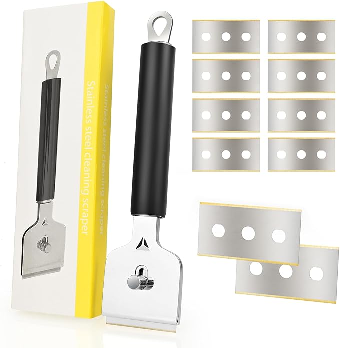 EHDIS Ceramic Hob Scraper with 10pcs Titanium Coated Blades â Metal Razor Blades Scraper Tool for Cooktop, Glass & Stove,Tile | Removes Burnt-On Food & Grease Without Scratching