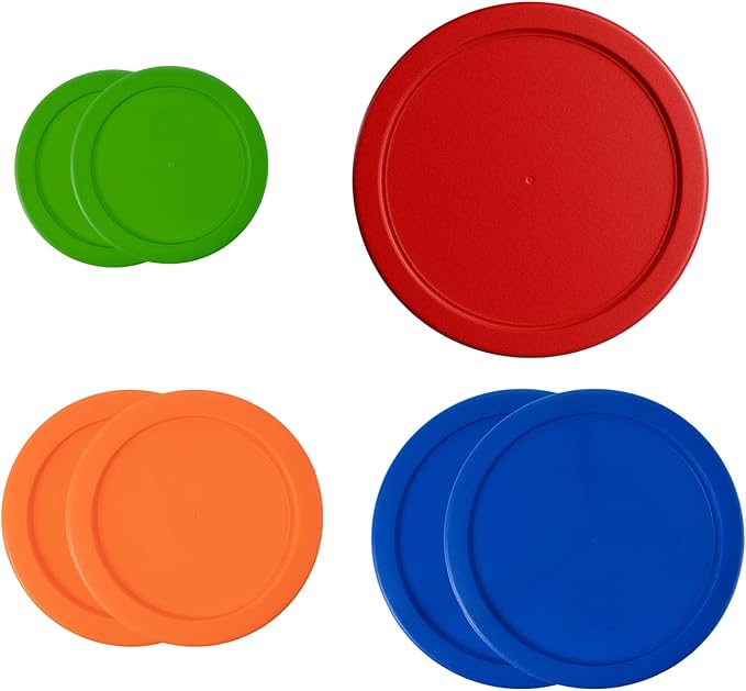 Replacement Lids for Pyrex Glass Food Storage Containers Round Plastic (2) 7202-PC 1 Cup Green (2) 7200-PC 2 Cup Orange (2) 7201-PC 4 Cup Blue (1) 7402-PC 6/7 Cup Red