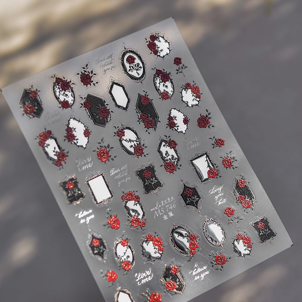 Black Mirror Nail Stickers 5D Embossed – Premium Salon-Quality Nail Charm Accessories, Easy Application & Self-Adhesive for DIY Manicure, Gothic Red Rose Metal Nail Art, Press on, Home or Salon Use