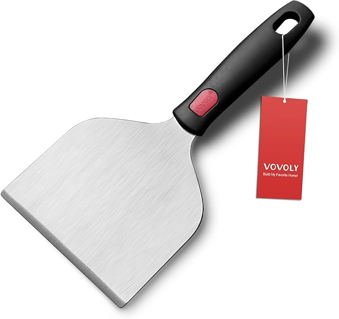 Vovoly Wide Griddle Scraper, 4.3âx4.3'' Smashed Burger Scraper Grill Scraper Spatula Burger Turner - Full Tang Silicon Handle Professional Grade Grill Accessories, Knife Grade Stainless Steel