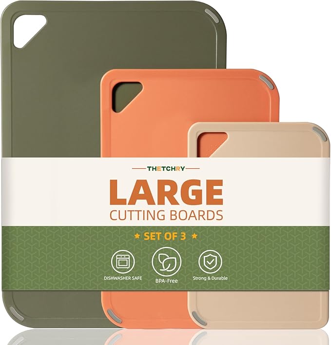THETCHRY Plastic Cutting Board Set, Cutting Boards for Kitchen BPA Free, Large-Small Chopping Boards Set of 3 Non-Slip for Cooking Camping Dishwasher Safe, Reversible, with Grip Handle, 15"Ã10"Ã0.6"