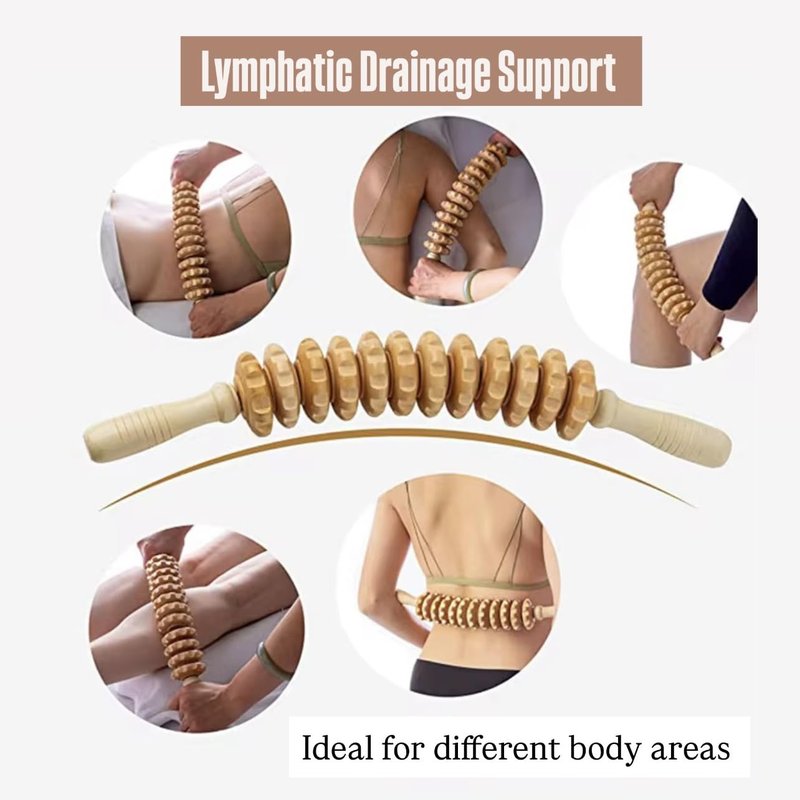 Wood Massage Roller. Curved Design to Target Different Areas of the Body. Relieves Muscle Tension + Improves Circulation + Reduces Signs of Cellulite + Promotes Relaxation.