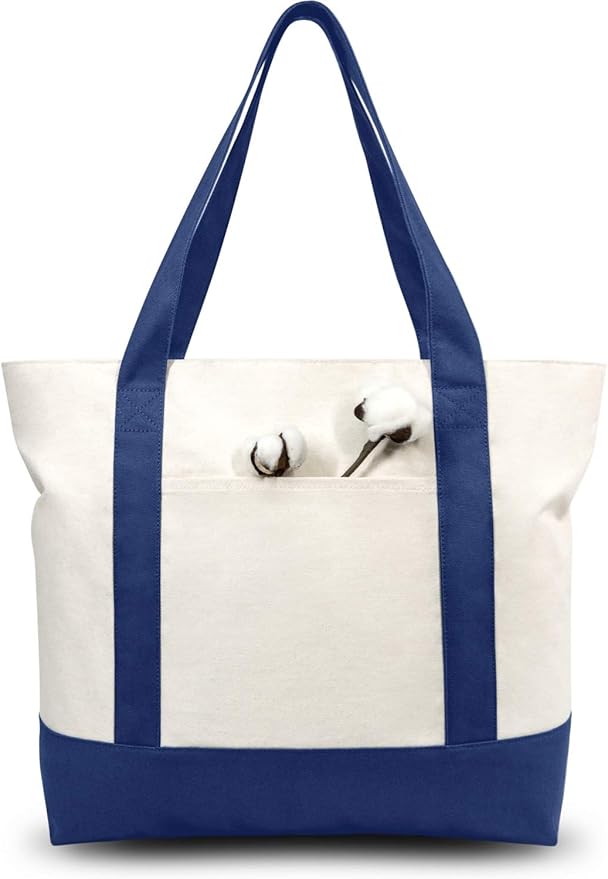 TOPDesign 1-Pack Canvas Tote Bag with an External Pocket, Reusable Grocery Shopping Bag, Top Zipper Closure, Daily Essentials (Blue/Natural)
