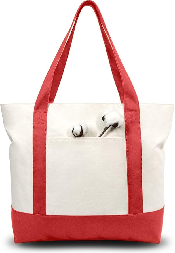 TOPDesign 1-Pack Canvas Tote Bag with an External Pocket, Reusable Grocery Shopping Bag, Top Zipper Closure, Daily Essentials (Red/Natural)