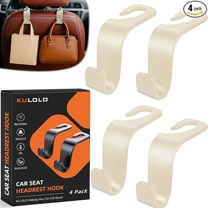 Car Seat Hooks & Purse Holder - 4 Pack Boxed,55 lb Heavy Duty,Eco PP Car Hooks for Purse/Bag/Baby Gear/Gym Bag/Groceries/Cup/,Fits 0.32-0.55âÂÂCar Headrest Rods (Beige)
