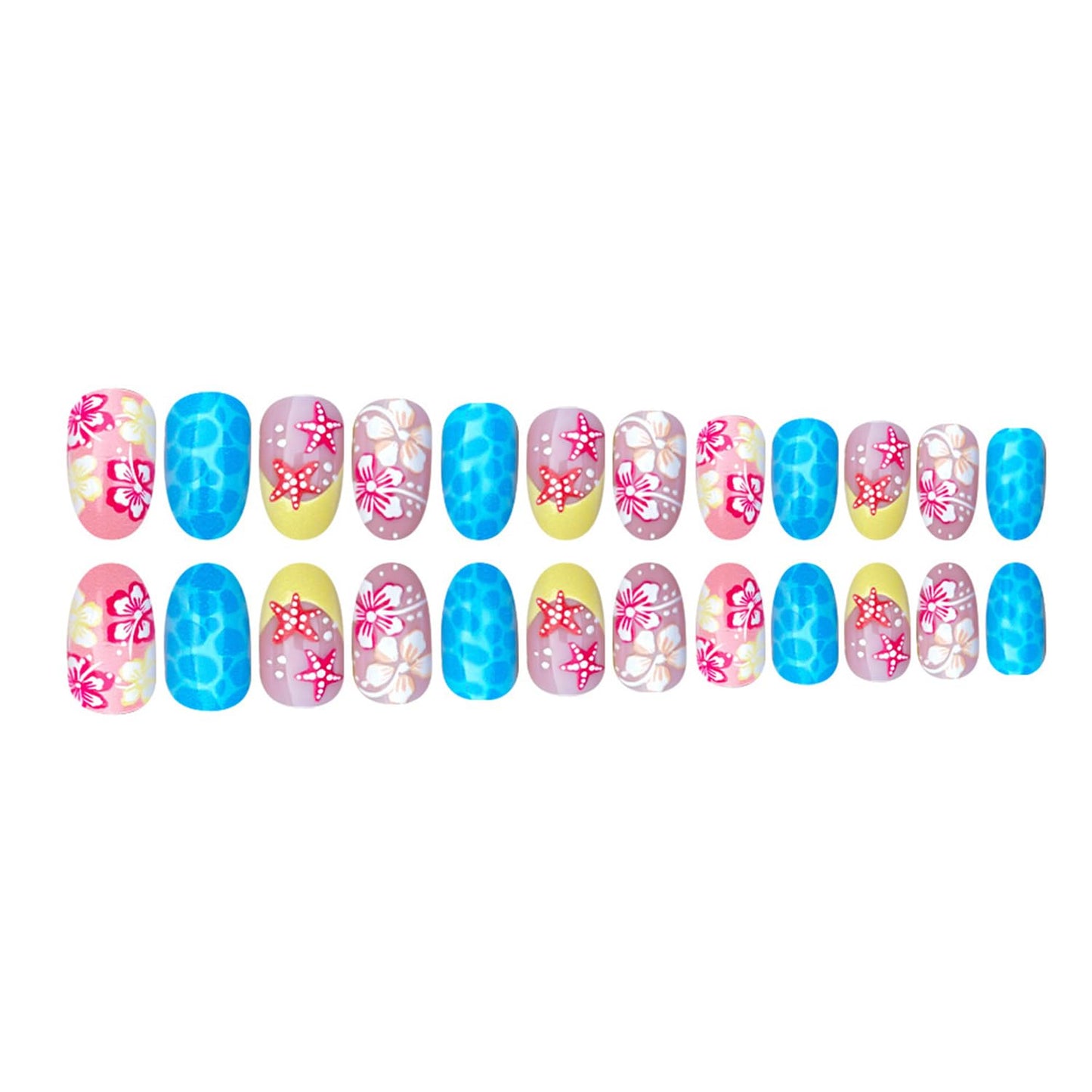 Summer Ocean Press on Nails French Tip Medium Almond False Nails with Starfish Flower Design Full Cover Glue on Nail Summer Reusable Acrylic Fake Nails Glossy Artificial Stick on Nail for Women
