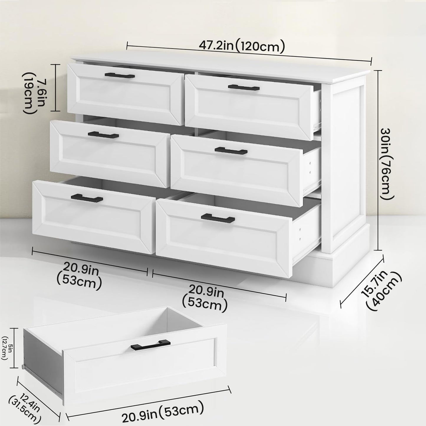 ZLWJGY White Dresser for Bedroom with 6 Drawer, Bedroom Furniture Organizer Storage, Wood Double Dresser & Chest of Drawers, Modern Farmhouse Style, Dressers for Closet, Living Room 30” Tall