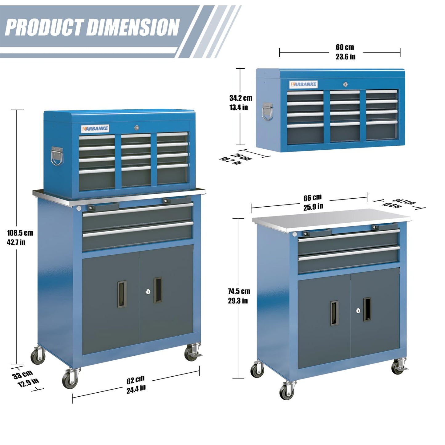 LARBANKE 8-Drawer Rolling Tool Chest with Wheels and Door, Sliding Drawer, Stainless Steel Countertop, Large Workbench Forming Tool Chest for Garage Workshop