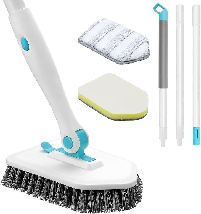 nacena Shower Scrubber with Long Handle, 3 in 1 Tile Tub Scrubber Brush with 3 Detachable Cleaning Heads Adjustable Handle Shower Cleaner Brush for Bathroom, Kitchen, Toilet, Wall, Sink, Blue White