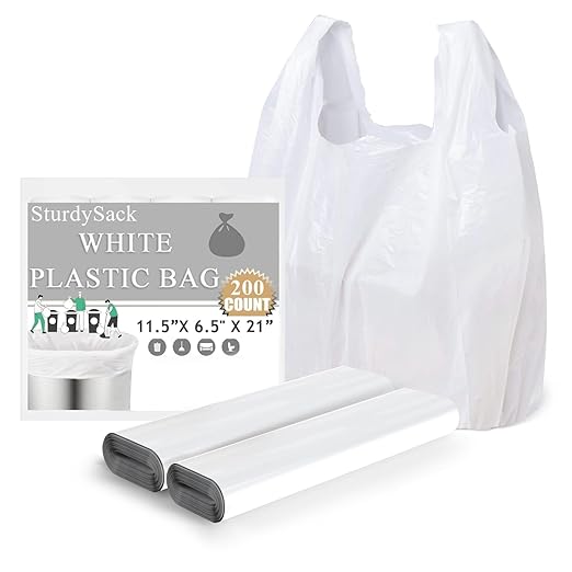 Plastic Bags, (11.5âx 6.5" x 21â)(200Pack) White Plastic Shopping Bags with Handles for Small Business Grocery T Shirt Bag Reusable and Disposable, in Bulk