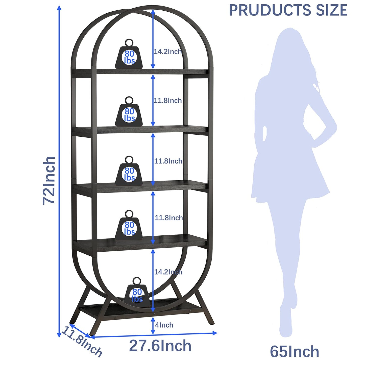 Kogven Bookshelf Arched Bookcase, Industrial 5 Tier Open Book Shelves with Metal Frame, 72" Tall Freestanding Display Rack for Home Office, Living Room, Black