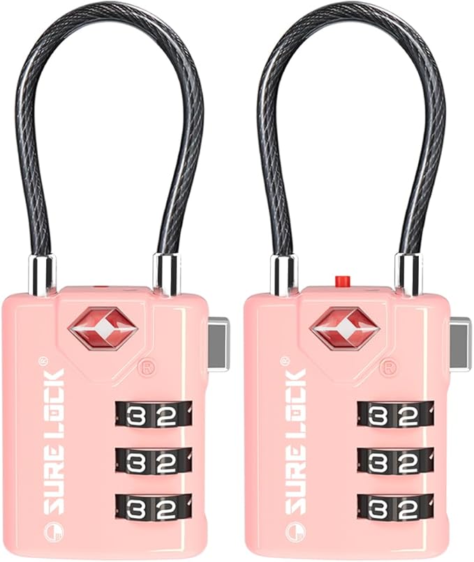 SURE LOCK TSA Approved Combination Luggage Locks with Open Alert Indicator â Durable Zinc Alloy Cable Travel Locks with Large Easy-Read Dials for Suitcases, Backpacks & Gym Bags(2, Pink 2 Pack)