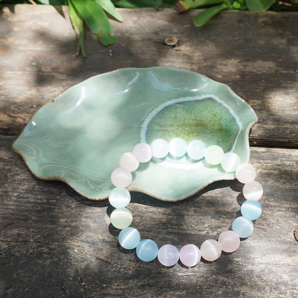 10mm Macaron Selenite Bracelet - Multi-Color Natural Crown Chakra Crystal | Handmade Sweet Color Meditation Bracelet with Cat-Eye Effect | Beading Tool Kit - Adjust to 6.5-7.5 inches Wrist Size