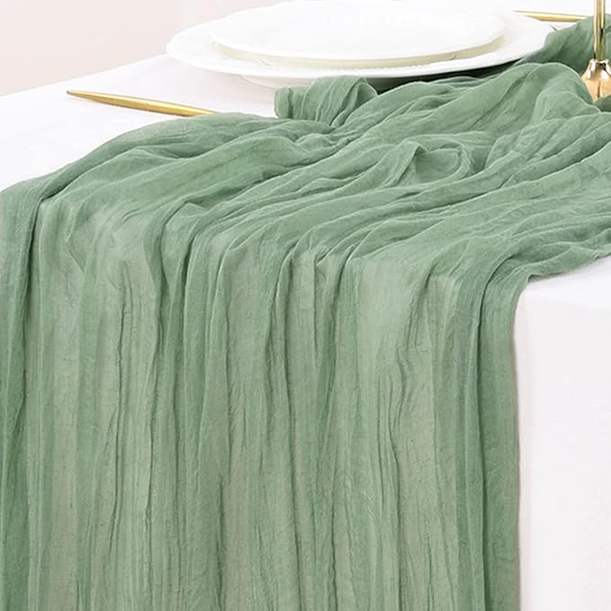 Socomi 2pcs Sage Green Cheesecloth Table Runner Summer Boho Rustic Gauze 120 inch 10FT Cheese Cloth Sheer Runner for Wedding Party Baby Shower Home Decor Holiday Decorations