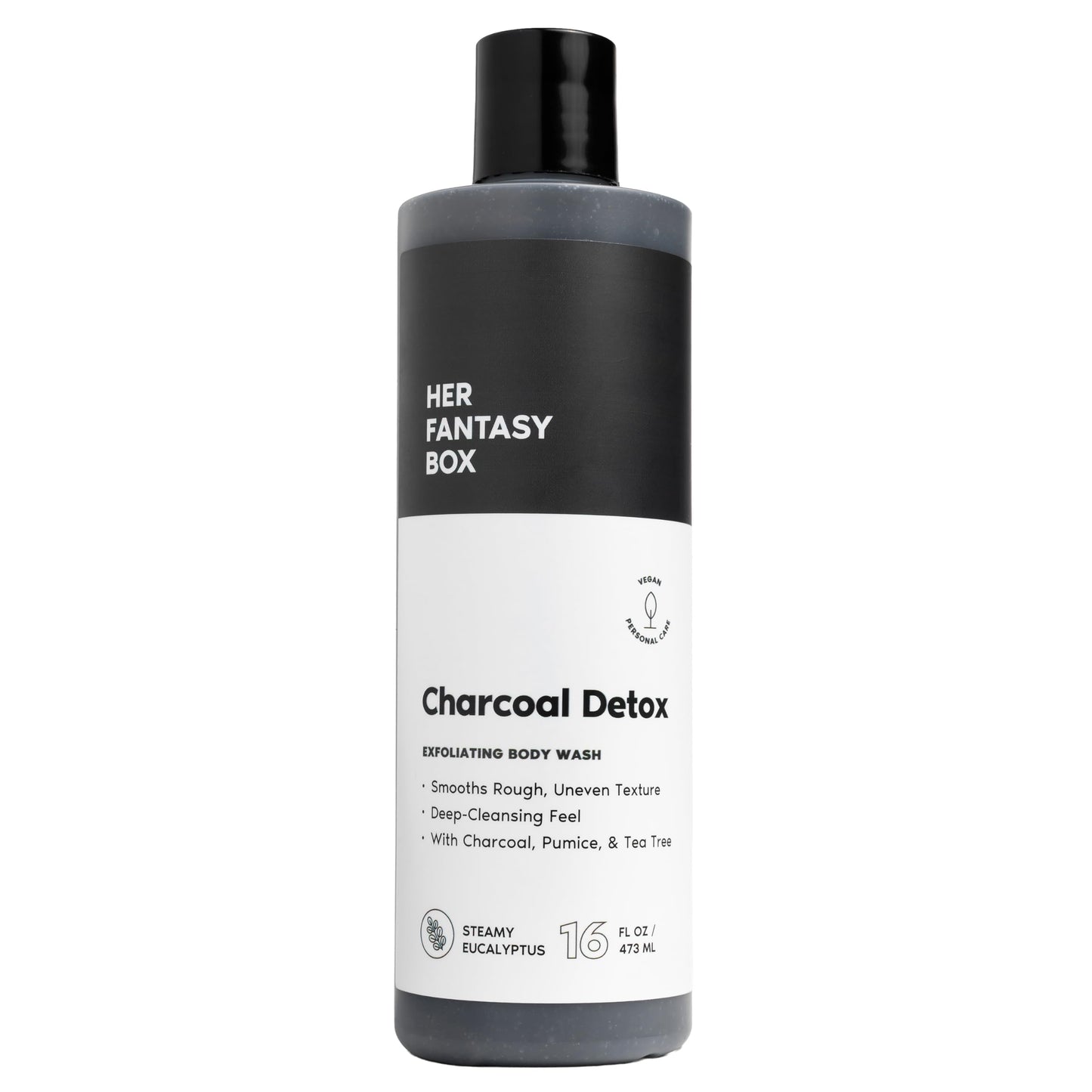 Her Fantasy Box | Charcoal Detox Exfoliating Body Wash â Activated Charcoal & Pumice Deep Cleanser with Tea Tree & Eucalyptus, Refreshing Exfoliation for Smoother Skin, Vegan & pH Balanced (16 oz)