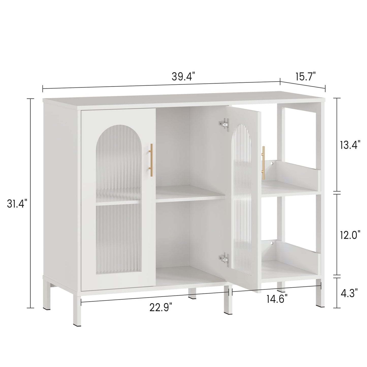 GAOMON Buffet Sideboard Cabinet, Wooden Storage with Glass Doors, Two Metal Handle, Storage Cabinet with Adjustable Shelves, Modern Sideboard for Living Rome, Kitchen, Dining Room,White