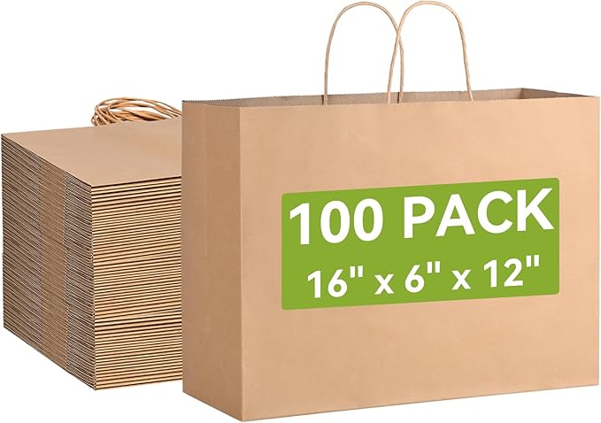 Brothersbox Large Brown Paper Bags with Handles 100PCS, 16 * 6 * 12 Inch Kraft Gift Bags Bulk for Craft Shopping Business Party Favor Retail Birthday Grocery