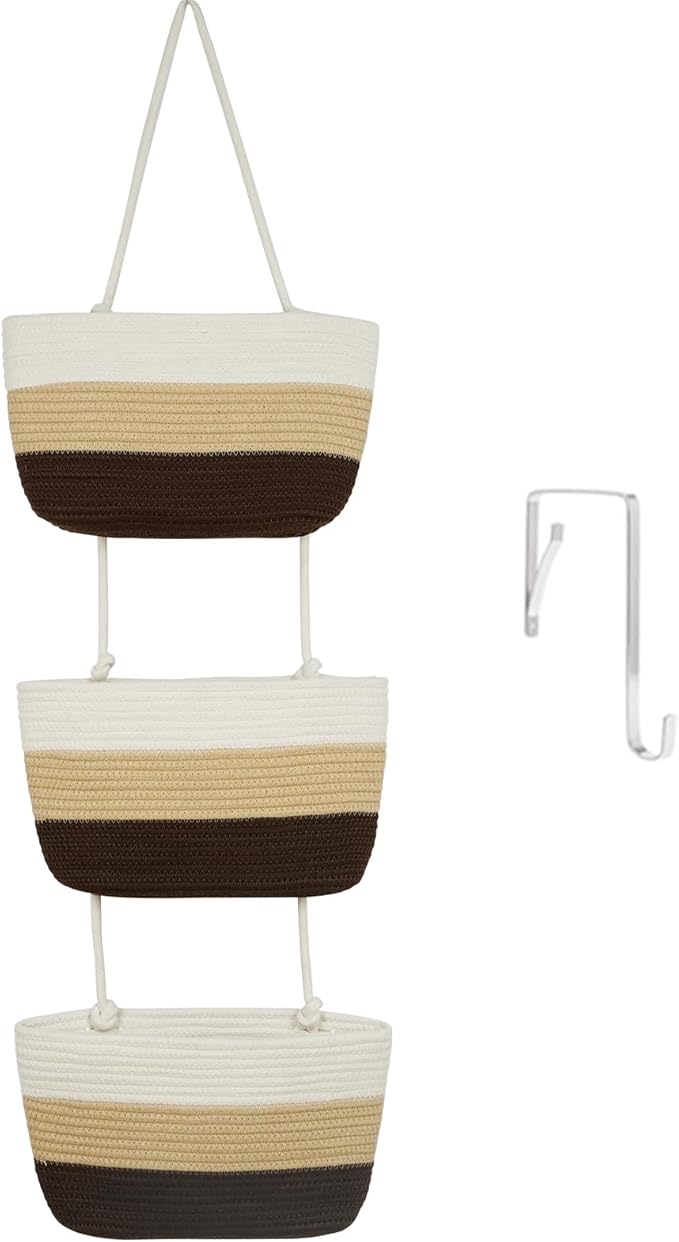 TeoKJ Over the Door Hanging Baskets, 3-Tier Woven Cotton Storage Organizer Bag Decorative Nursery Kitchen Basketsï¼Gradient Brown