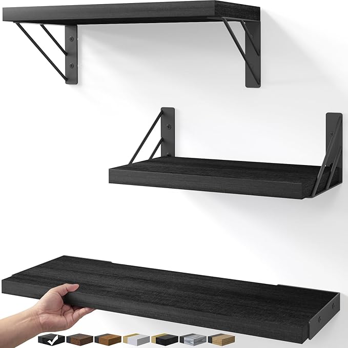 BAYKA Wall Mounted Floating Shelves, Wood Floating Wall Shelf for Books & Decor, Small Space-Saving Display & Organizerï¼ÂBlackï¼ÂSet of 3ï¼Â