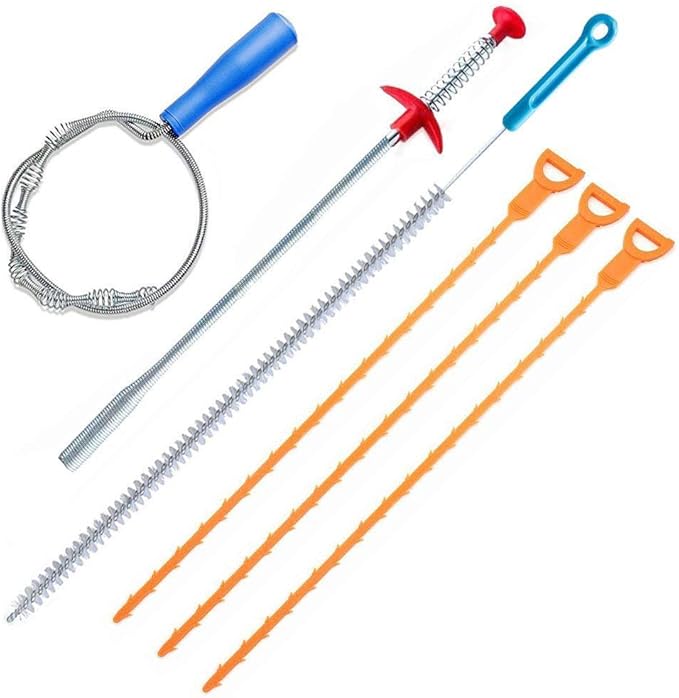 39inch Drain Clog Remover(x1), 20inch Drain Snake Hair Remover(x3)ï¼ Cleaning Brush(x1), 24inch Sewer Hair Catcher(x1),6 Pack Auger Cleaner Tool Set for Toilet, Kitchen Sink, Bathroom Tub, Sewer