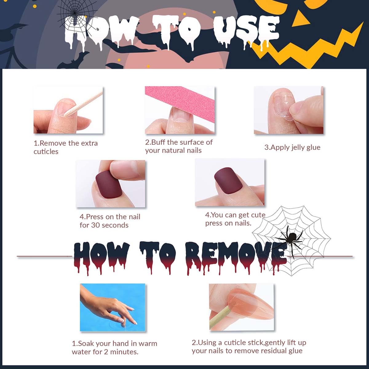 Short Oval Press on Nails Halloween Motifs Fake Nails with Ghost,Spider Web,Pumpkin Design,Full Cover Stick on Nails for Women Manicure,Reusable | Artificial | Nail Sticky Tabs | Easy Apply | 24Pcs