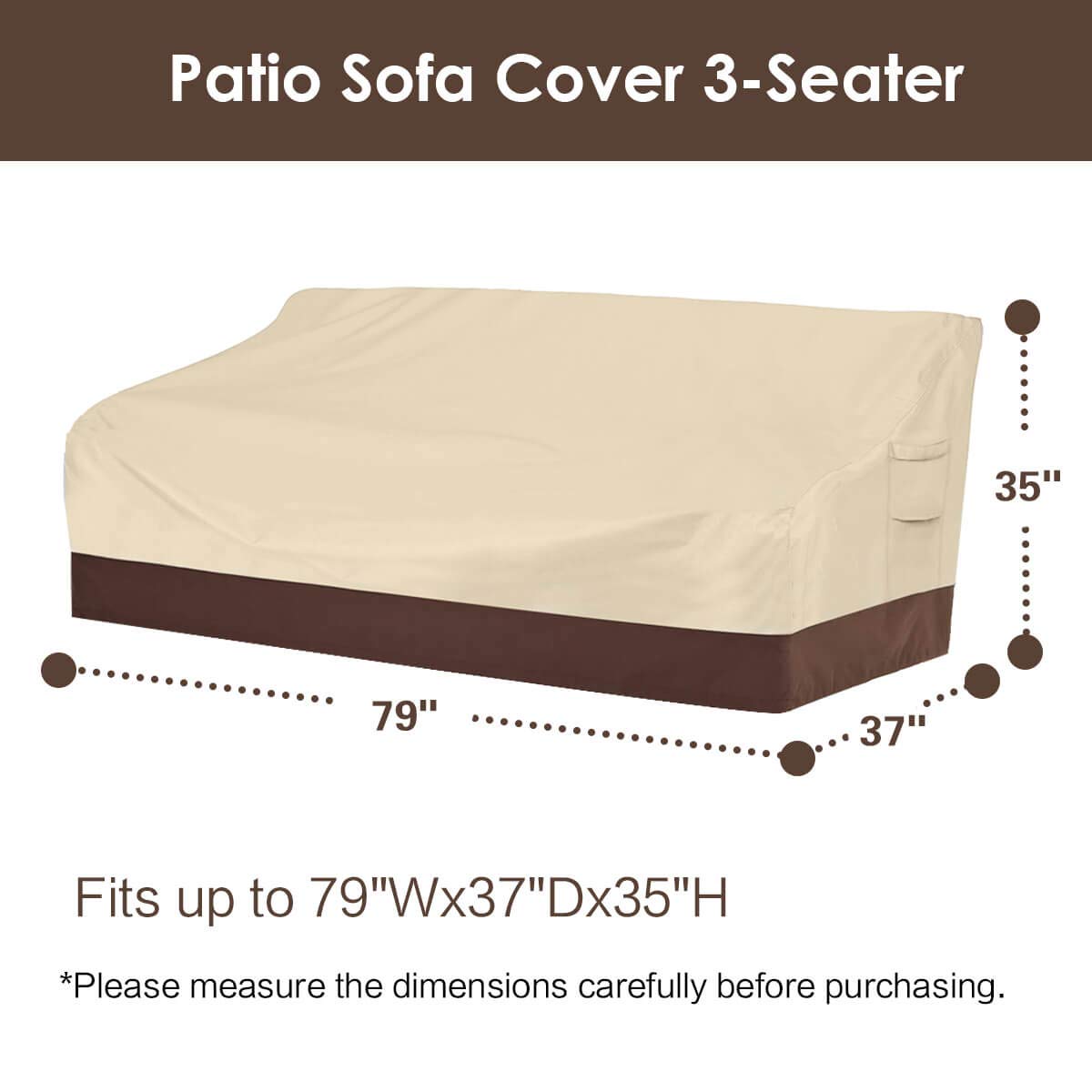 Vailge Heavy Duty Patio Sofa Cover, 100% Waterproof 3-Seater Outdoor Sofa Cover,Lawn Patio Furniture Covers with Air Vent and Handle,79" Wx 37" Dx 35" H,Beige&Brown