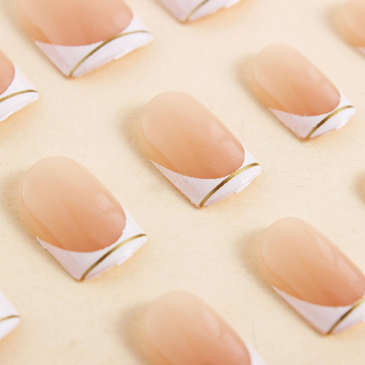 IMSOHOT Press On Nails - White French Tip | Golden Line Designs Short Square Fake Nails, Full Cover, Acrylic, Glossy, Nude False Nails | 12 Sizes - 24 Nail Kit