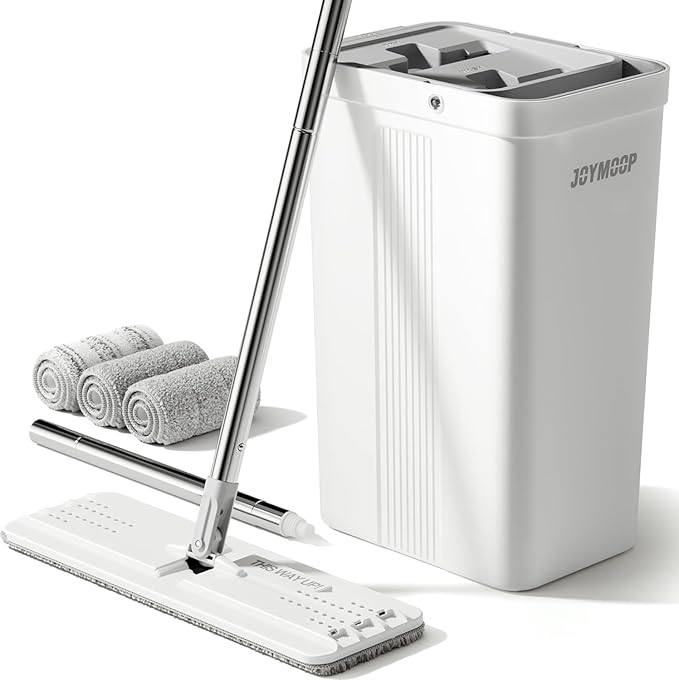 JOYMOOP Mop and Bucket Set, Flat Mop for Household & Commercial Floor Cleaning, Wet Dry Wall Cleaner with Long Handle, Hardwood Floor â Includes 3 Microfiber Pads